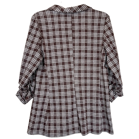 Altar’d State Aubree Brown Plaid Tartan Blazer Ruched 3/4 Sleeves size Medium - Picture 2 of 5